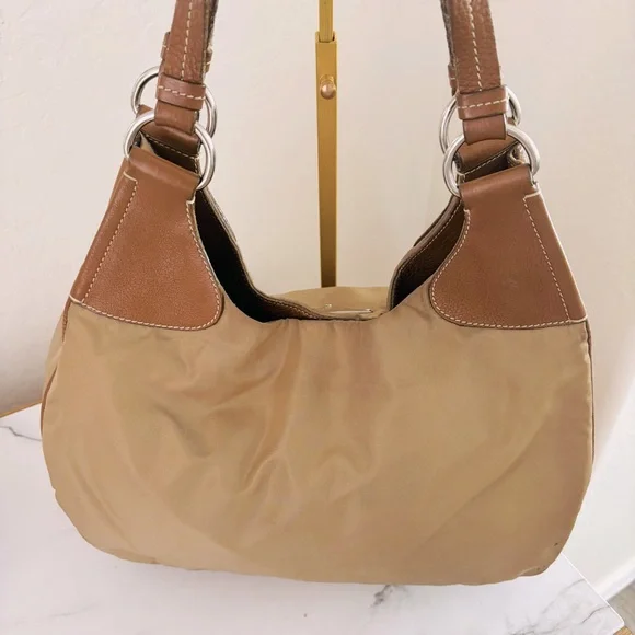 Prada Half Moon Hobo Bag Jumbo Logo Brown Tan Leather Nylon Designer Luxury COA - Picture 5 of 15